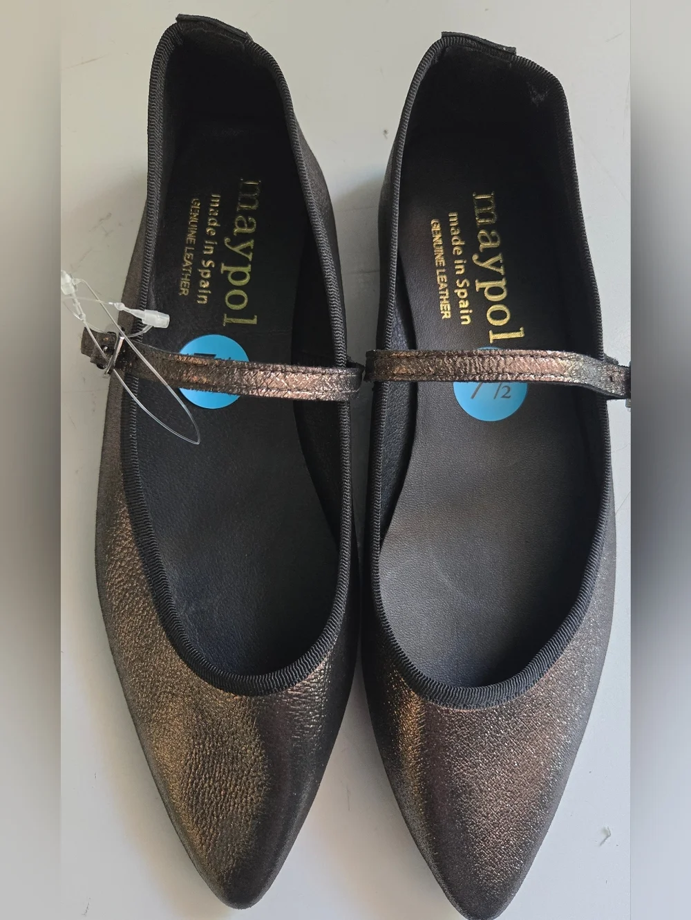 Maypol Spain Metallic Mary Jane Flats Bronze Pointed Toe Leather Size 38‎ / 7.5